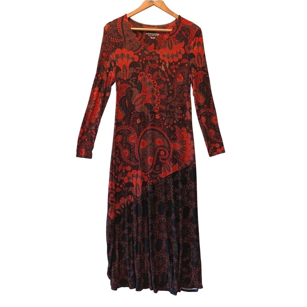 Soft Surroundings Red Black Paisley Floral V-Neck Midi Dress Petite XS 3BN36 - Picture 2 of 12